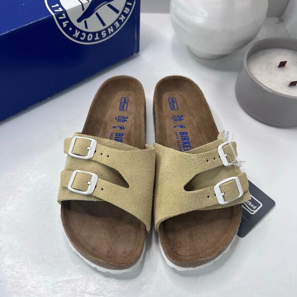 Birkenstock Vaduz Suede Slide Vanilla Soft Footbed Women 5 EU 36 NWB Narrow Fit - Picture 1 of 10